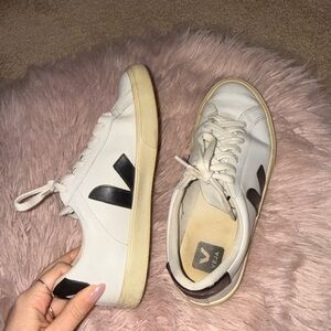 Veja White Leather Sneakers with Black V Accent